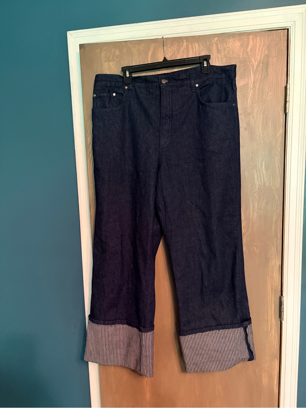 Pilcro Dark Indigo Relaxed Jeans with Striped Cuffs